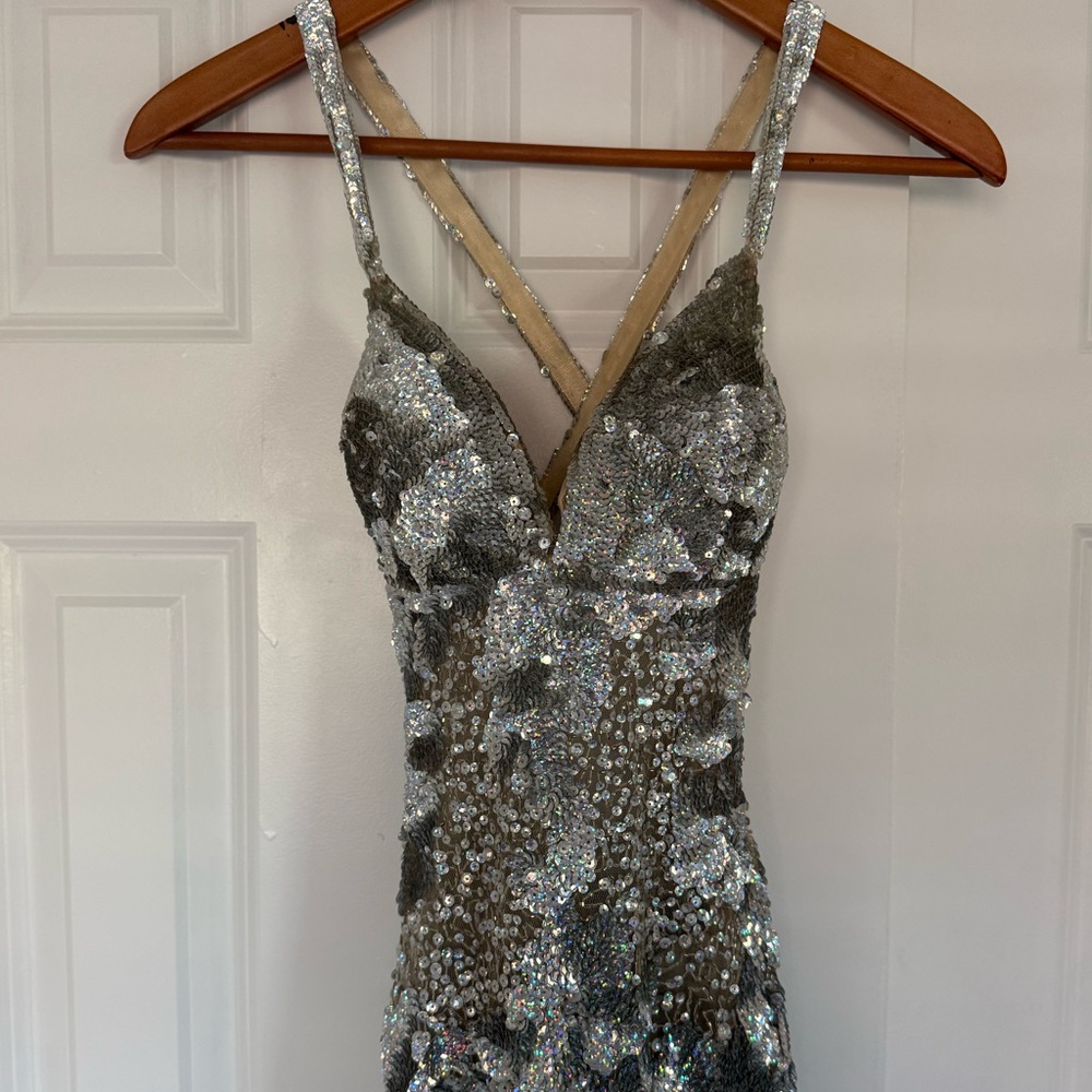 Jovani Silver Sequin Backless Evening Dress